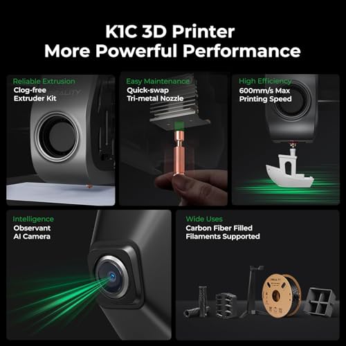 Creality K1C 3D Printer, 600mm/s High-Speed Auto Leveling Clog-Free Robust Direct Extruder K1 SE Upgraded 3D Printer with AI Camera 300°C Printing Silent Mode Support Carbon Fiber Filaments