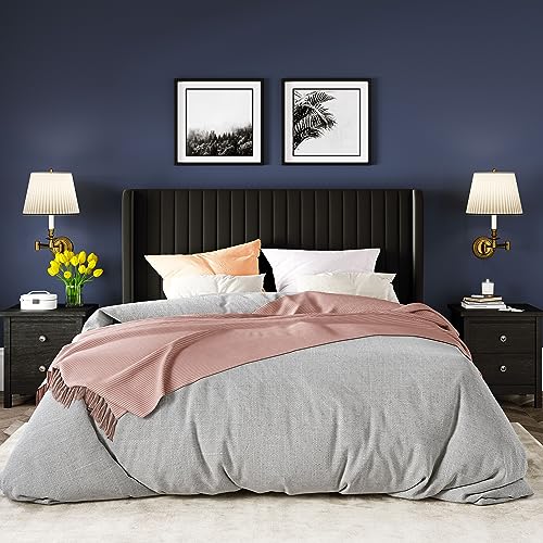 Allewie Queen Size Velvet Bed Frame/Vertical Channel Tufted Wingback Headboard/Upholstered Platform Bed/Strong Wooden Slats/No Box Spring Needed/Easy Assembly/Black