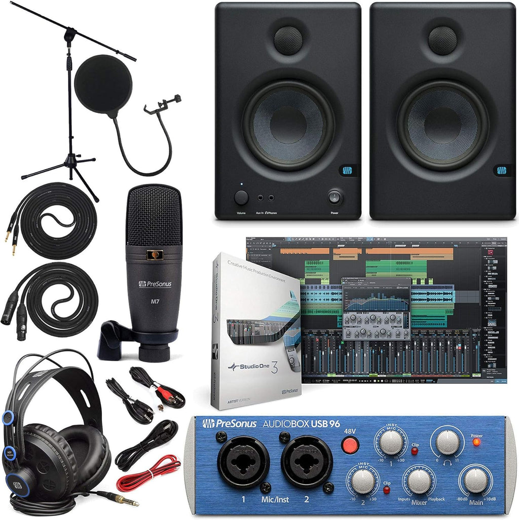 PreSonus AudioBox 96 Audio Interface (May Vary Blue or Black) Full Studio Bundle with Studio One Artist Software Pack with Eris 4.5 BT Pair Studio Bluetooth Monitors and 1/4” Instrument Cable