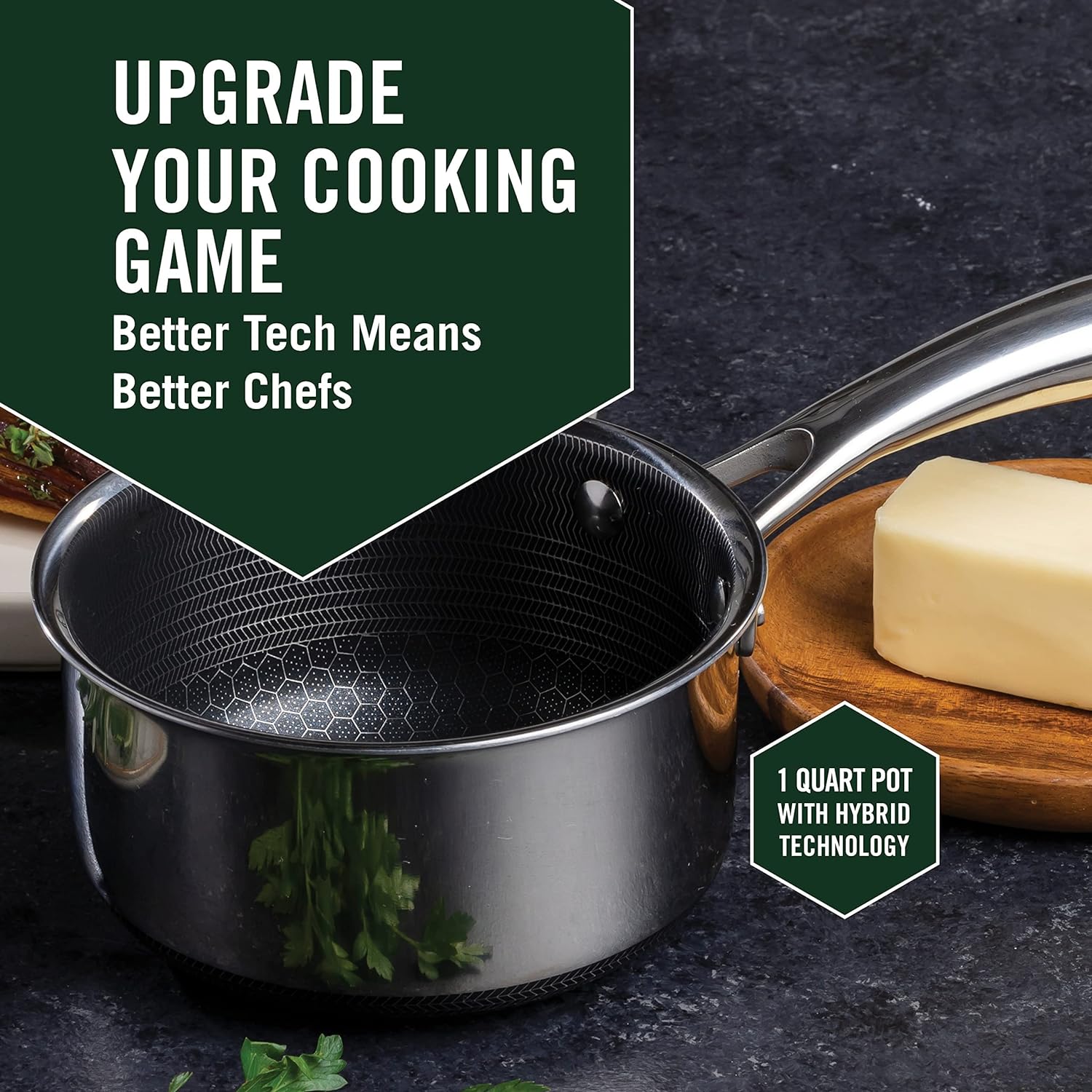 HexClad 1 Quart Hybrid Pot with Glass Lid - Non Stick Saucepan, Easy to Clean, Dishwasher & Oven Safe - Perfect for Making Sauces, Reheating Soups, Stocks, Cooking Grains