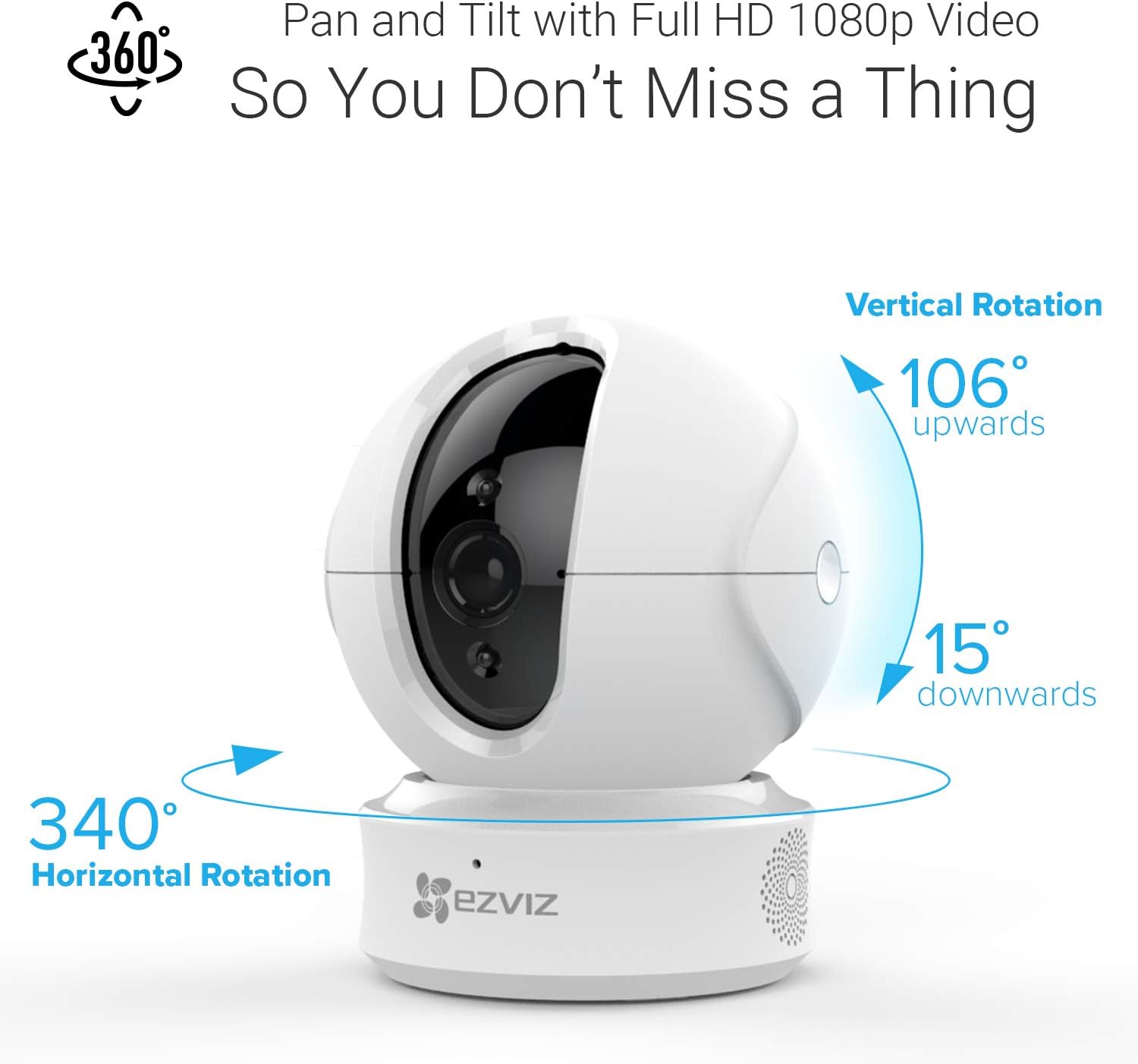 EZVIZ C6CN 1080p Indoor Pan/Tilt WiFi Security Camera, 360° Coverage, Auto Motion Tracking, Two-Way Audio, Clear 30ft Night Vision, Supports MicroSD Card up to 256GB (Sold Seperately), 2.4GHz WiFi