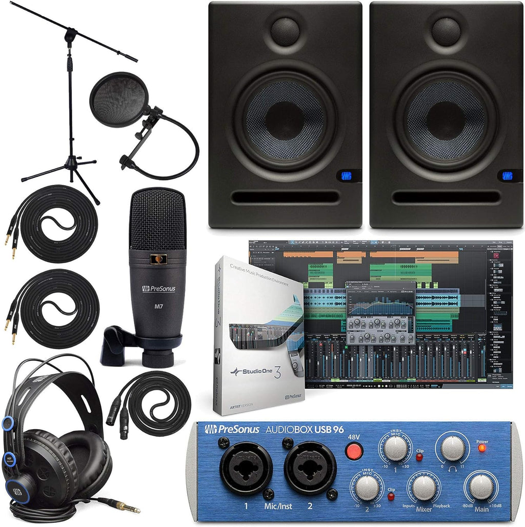 PreSonus AudioBox 96 Audio Interface (May Vary Blue or Black) Full Studio Bundle with Studio One Artist Software Pack with Eris 4.5 BT Pair Studio Bluetooth Monitors and 1/4” Instrument Cable