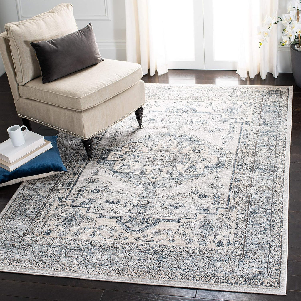 SAFAVIEH Oregon Collection ORE877F Oriental Distressed Non-Shedding Living Room Bedroom Dining Home Office Area Rug, 8' x 10', Grey / Ivory