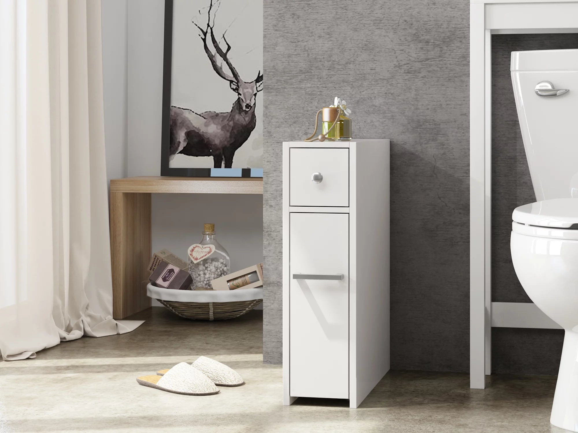 Spirich Home Slim Bathroom Storage Cabinet, Free Standing Toilet Paper Holder, Bathroom Cabinet Slide Out Drawer Storage,White
