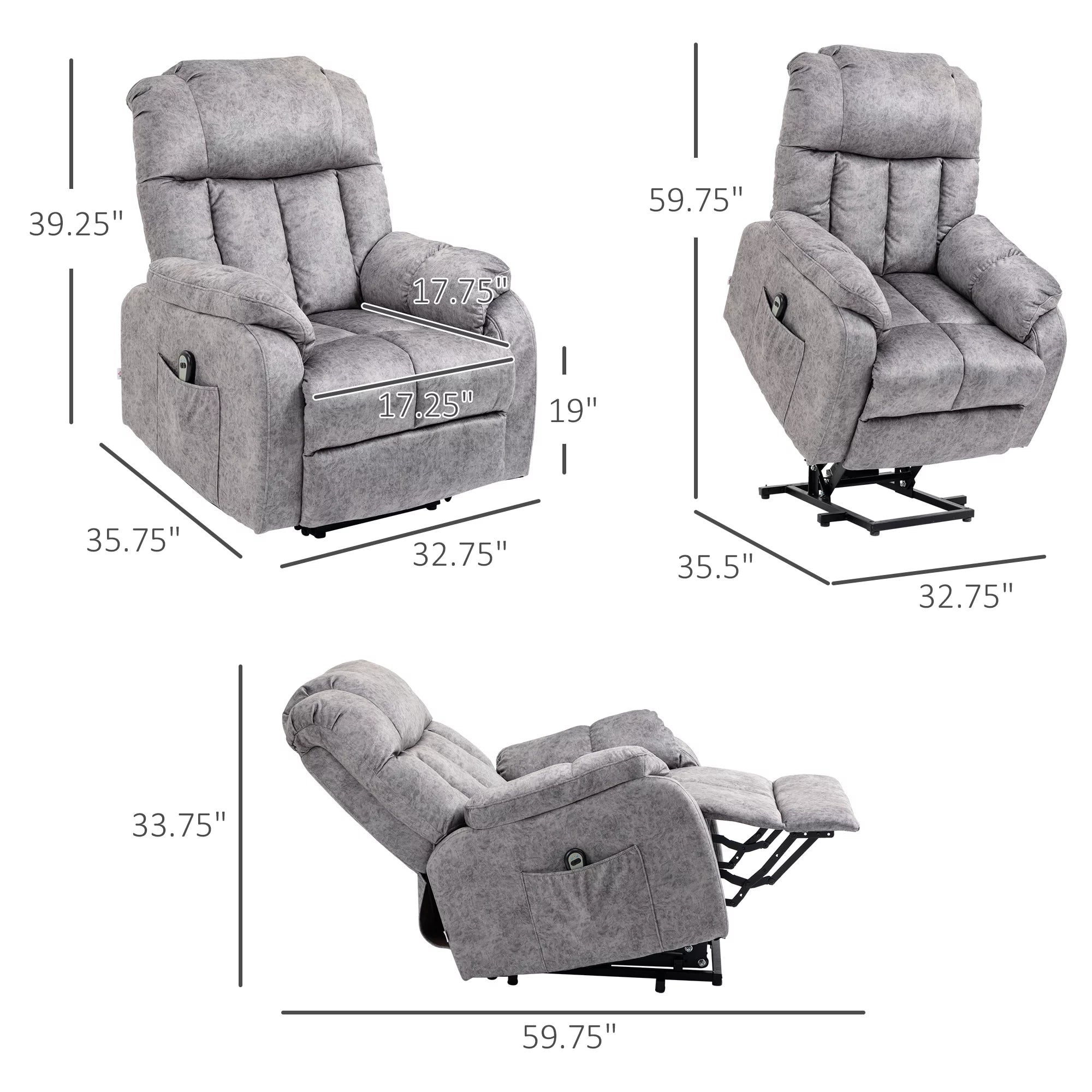 HOMCOM Power Lift Chair, Electric Recliner for Elderly, Compact Living Room Chair with Side Pocket & Remote Control, Grey
