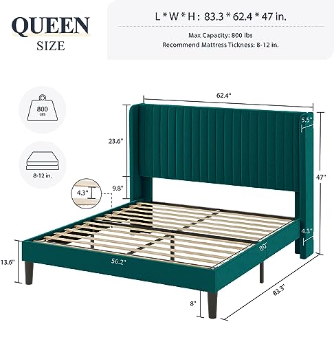 Allewie Queen Size Velvet Bed Frame/Vertical Channel Tufted Wingback Headboard/Upholstered Platform Bed/Strong Wooden Slats/No Box Spring Needed/Easy Assembly/Black