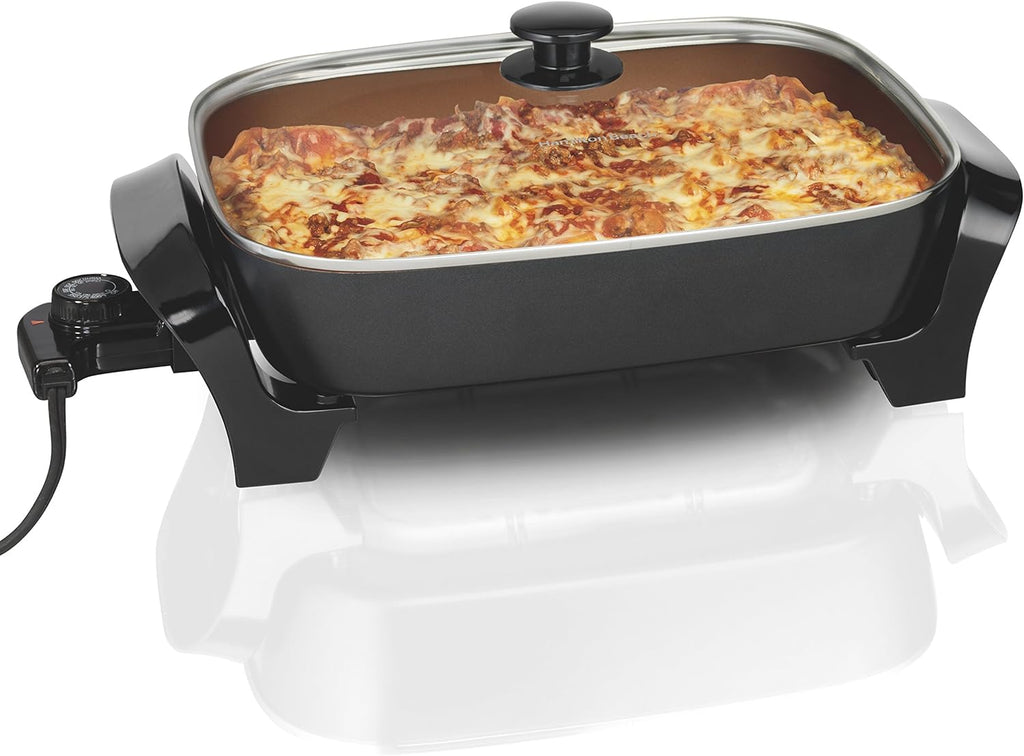 Hamilton Beach Durathon Ceramic Electric Skillet with Removable 12x15” Pan, Adjustable Temperature, Reversible Design, Tempered Glass Lid (38529K)
