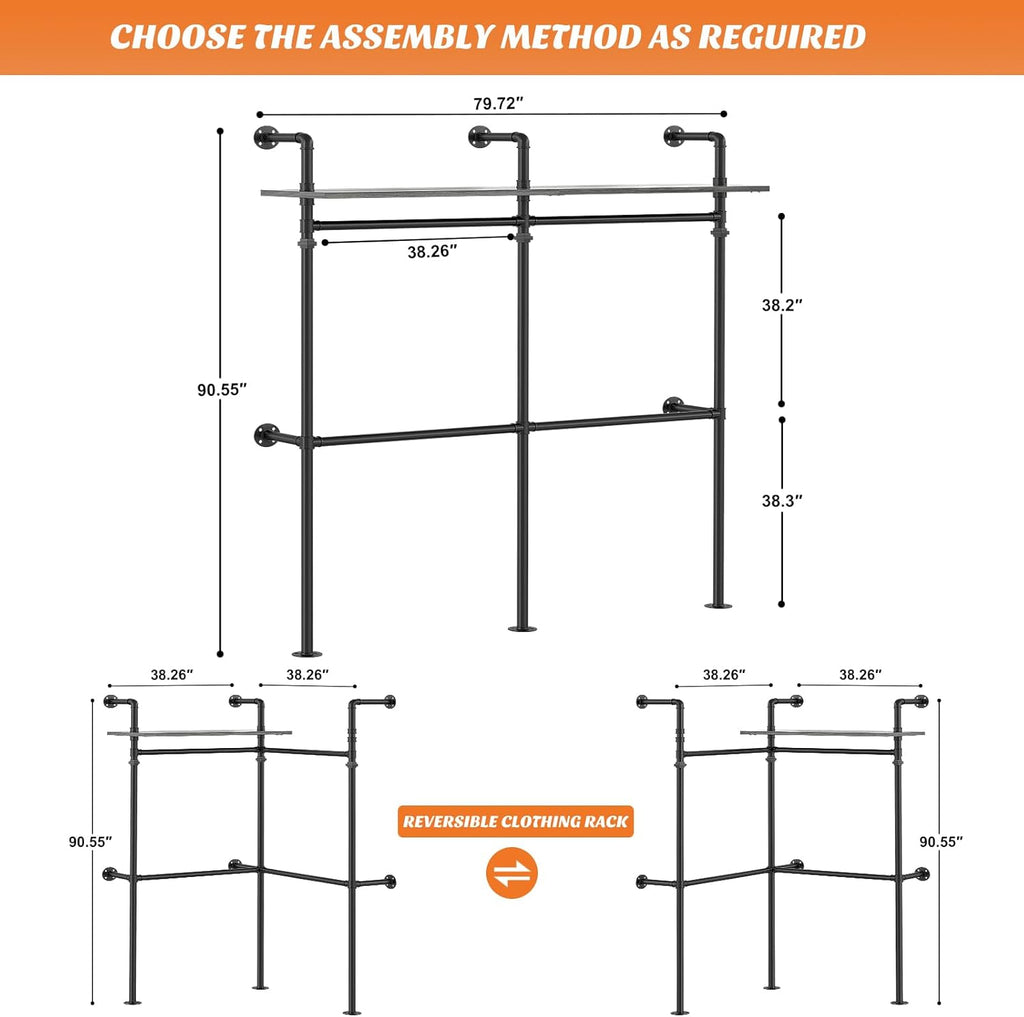 Aheaplus Industrial Pipe Clothing Rack, Reversible 79.7'' Clothes Rack for Hanging Clothes, Heavy Duty Garment Racks Closet Wardrobe with LED Lights& Shelves, Walk-in Closet System, Black