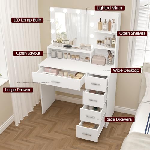Makeup Vanity Desk with Mirror, 10 Lights, 5 Drawers, 3 Storage Shelves, 3 Color Modes & Adjustable Brightness Dressing Table, 35.4” Desk, Black