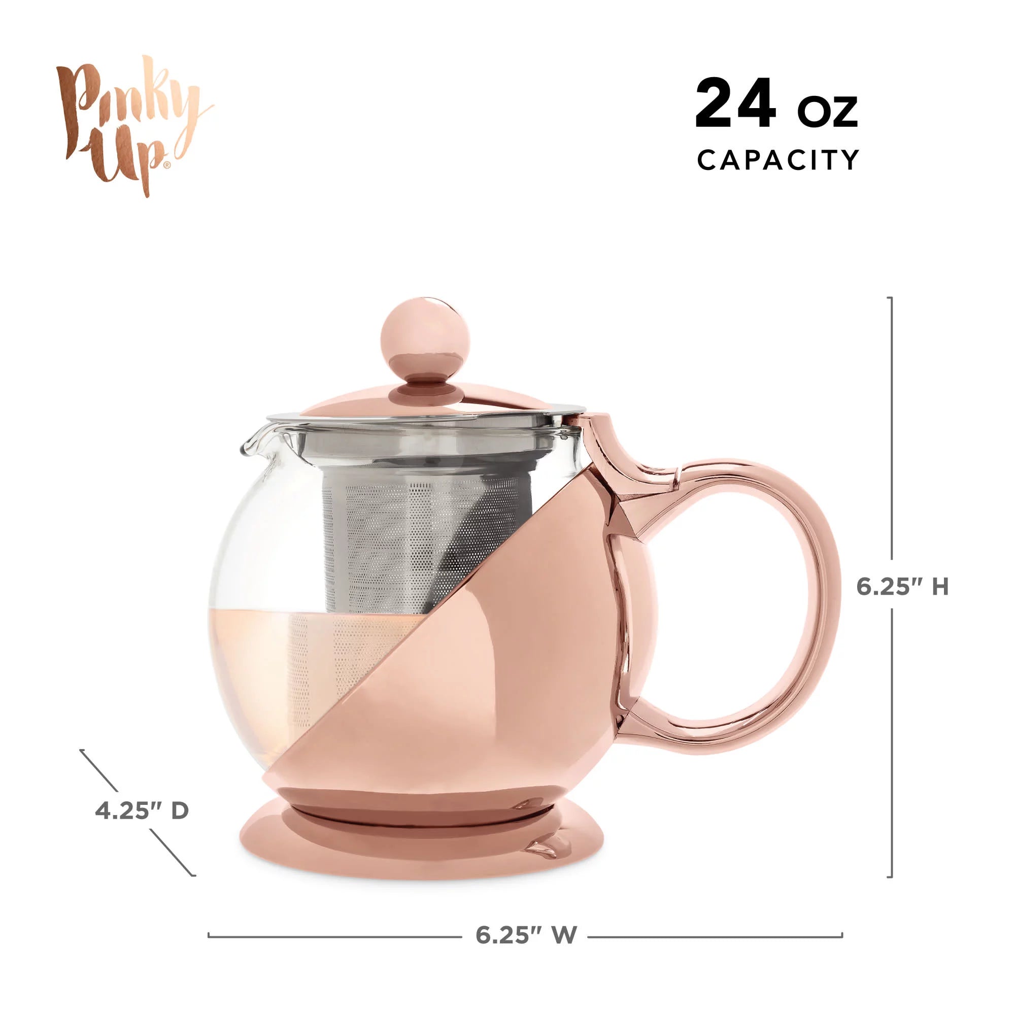 Pinky Up Rose Gold Wrapped Teapot - Tea Clear Glass Pot with Infuser Strainer and Tea Kettle for Loose Tea, 24 Oz