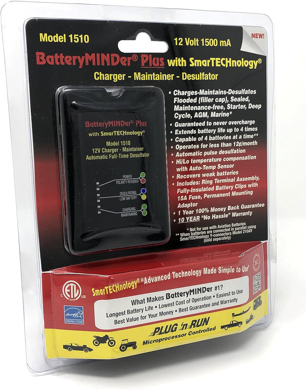 BatteryMINDer 1510: 12 Volt-1.5 Amp Battery Charger, Battery Maintainer, and Battery Desulfator – Designed for Cars, Trucks, Motorcycles, ATV, Boats, RV