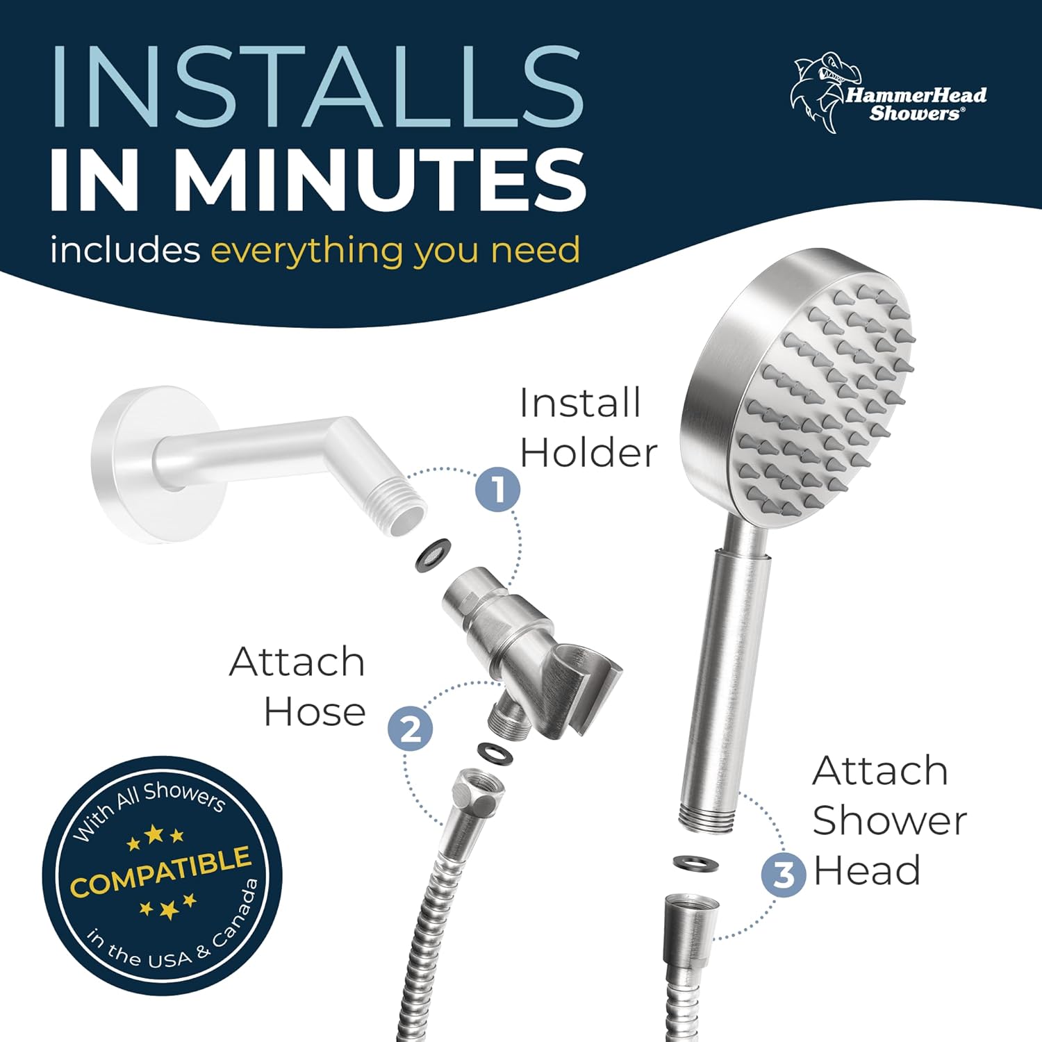 HammerHead Showers® Solid Metal LOW FLOW Handheld Shower Head with Hose and Brass Holder - OIL RUBBED BRONZE – Water Saving 1.75 GPM Detachable Shower Head - Adjustable Shower Wand Bracket & 6ft Hose