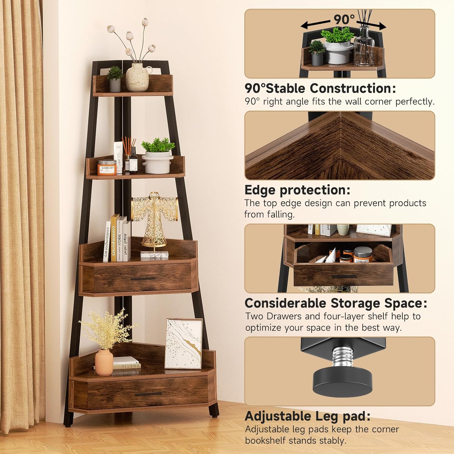 Elsie&Mi 55.1 Inch Tall Corner Shelf, 4-Tire 2 Drawers Corner Cabinet, Storage Rack for Living Room, Office, Kitchen, Basement, Bedroom, Rustic Brown