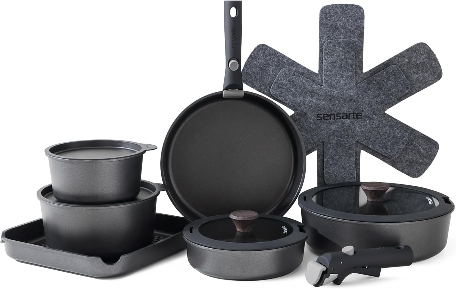 SENSARTE 17 Piece Ceramic Pots and Pans Set, Nonstick Detachable Handle Cookware, Induction Kitchen Cookware Set with Removable Handle, Dishwasher ＆ Oven Safe (Gray)