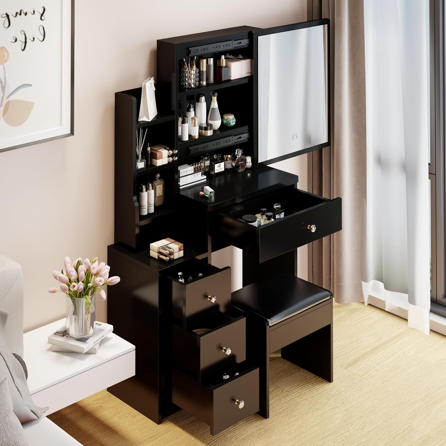 CIATRE Small Space Left Bedside Cabinet Vanity Table + Cushioned Stool, Extra Large Right sliding mirror, Multi Layer High Capacity Storage, Practical Fashionable Dresser, Black