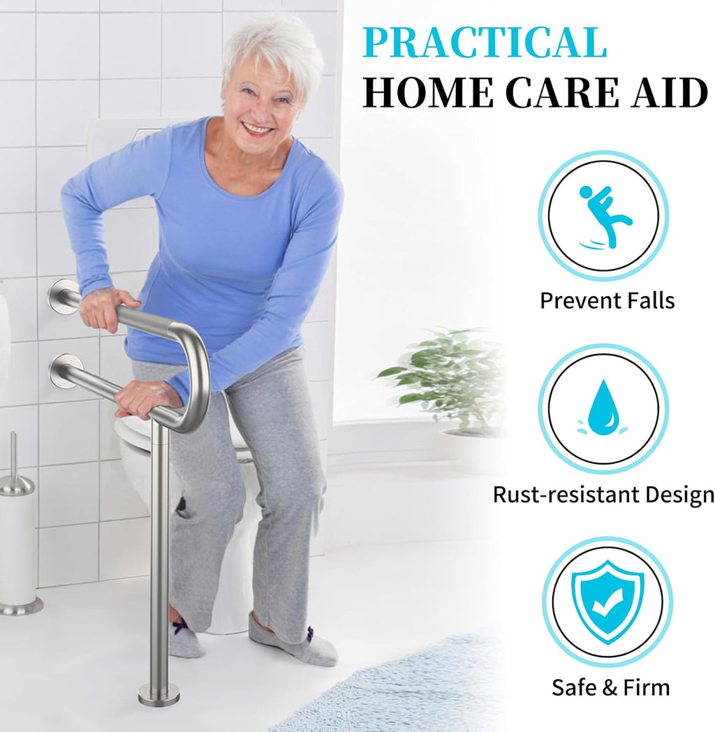 Toilet Support Rail 31.3X 31.5 Inch, Munzong Anti-Slip Satin Brushed Nickel Handicap Grab Bar for Bathroom, Stainless Steel Knurled Safety handrails with Leg for Elderly Disabled Pregnant-1.25’Tube
