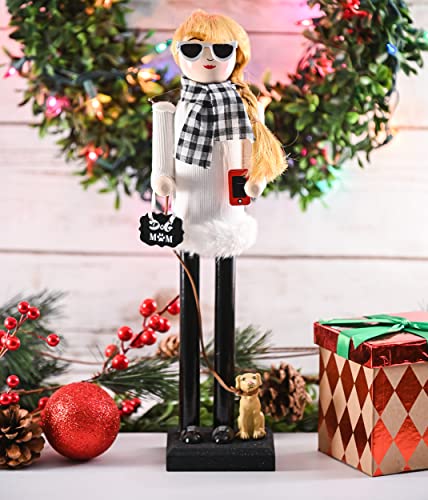 Ornativity Christmas Dog Mom Nutcracker – White and Black Wooden Nutcracker Woman with Dog on Leash and a Smartphone in Hand Xmas Themed Holiday Nut Cracker Doll Figure Decorations 15