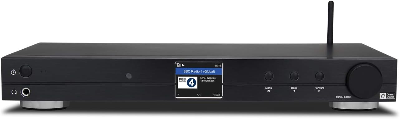Ocean Digital WiFi Internet Component Radio Tuner (430 mm) WR10 FM/ Ethernet Bluetooth Receiver 2.4 Color Display with Digital Output to Connect Hi-Fi System -Black