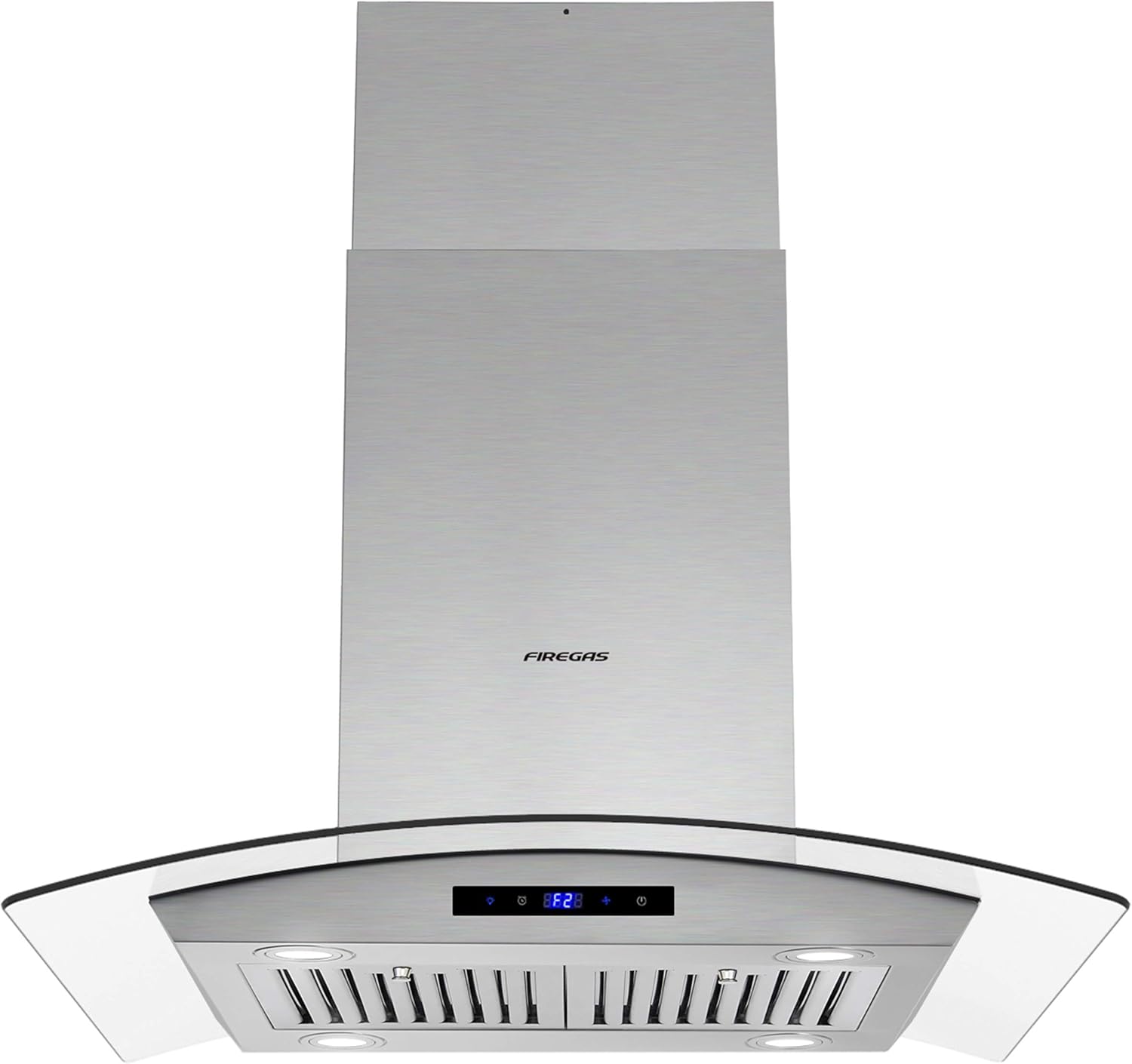 FIREGAS Island Range Hood 36 inch 450 CFM with Chimney,Tempered Glass,4 LED Lights,3 Speed Fan,Touch Control,Permanent Filter,Charcoal Filter,Stainless Steel,Island Mount,Ceiling Mount