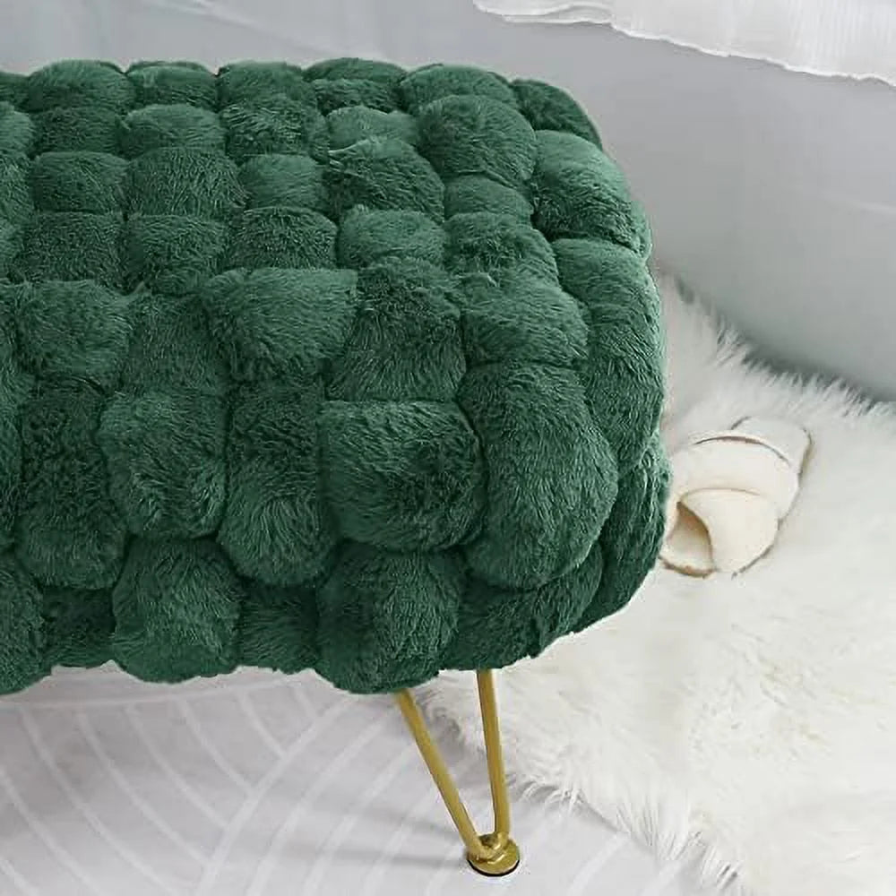 Pink Soft Faux  Ottoman Fuzzy Entryway Bench Seat 27x20x19 Sturdy Accent Coffee Table for Living Room Make up Vanity Fluffy Shoe Stool with Golden Legs for Bedroom Closet F