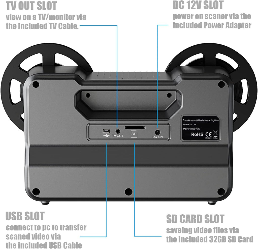 8mm  Super 8 Reels to Digital MovieMaker Film Scanner Converter, Pro Film Digitizer Machine with 2.4 LCD, Silver (Convert 3 inch and 5 inch Film reels into Digital) with 32 GB SD Card