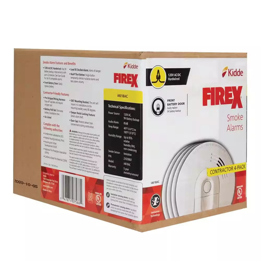 Kidde i4618 4-Pack Hardwired Smoke Alarm with Ionization Sensor, 120V AC, 9V Battery Backup