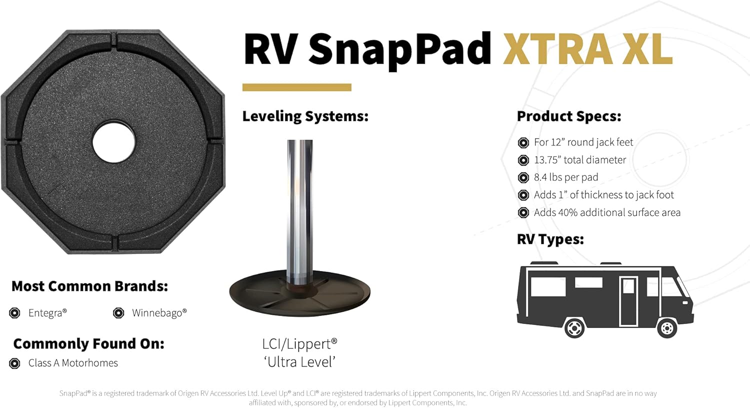 SnapPad Xtra Permanently Attached RV Leveling Jack Pad for LCI 6 inch Square Landing Feet (Square 6 4-Pack)
