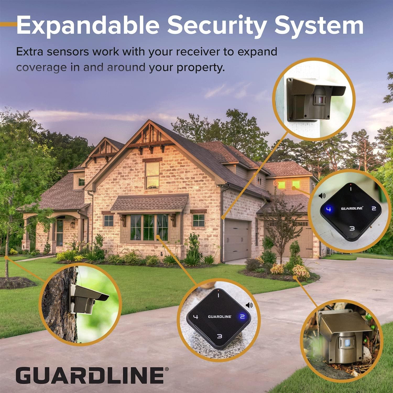 Guardline Wireless Driveway Alarm - Motion Sensor Alarm Set with 4 Sensors and 1 Receiver - 500 Foot Range - Weatherproof, Outdoor Security Alert System for Home & Property﻿