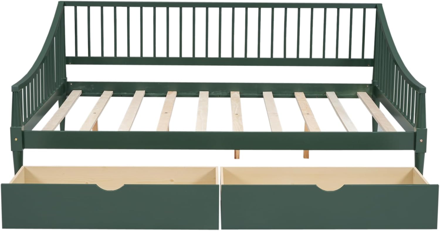Full Size Wooden Daybed with 2 Storage Drawers and Wood Support Legs, Multi-Functional Full Day Bed wtih Rails on 3 Sides for Bedroom, Living Room and Guestroom, Green
