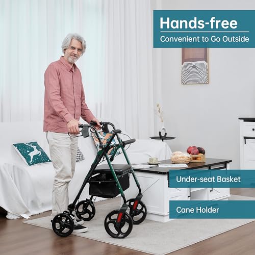 ELENKER Rollator Walker with 10” Wheels, Sponge Padded Seat and Backrest, Fully Adjustment Frame for Seniors, Green