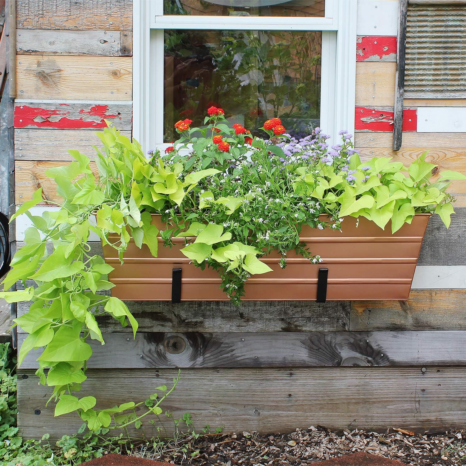 ACHLA DESIGNS Copper Plated Large Flower Box with Black Railing Clamp Brackets, 35.5 Window Box Planter