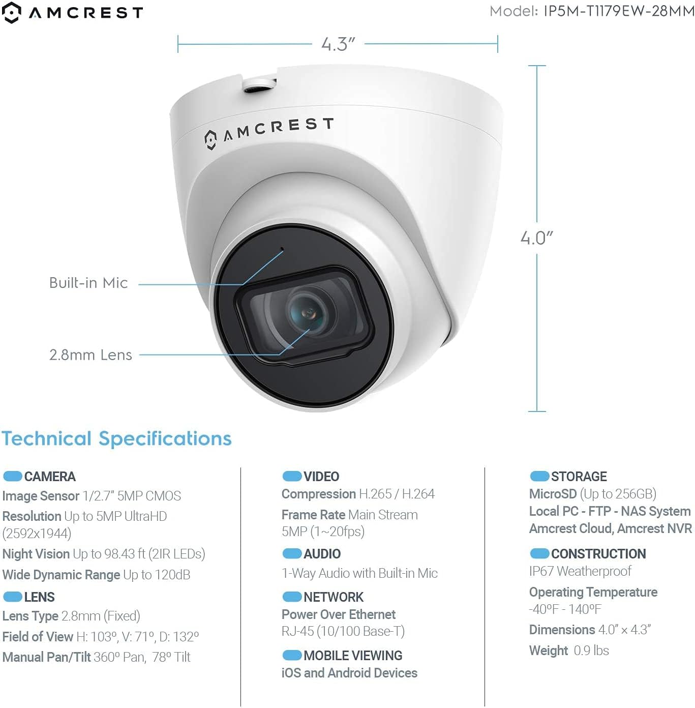 Amcrest 5MP Turret POE Camera, UltraHD Outdoor IP Camera POE with Mic/Audio, 5-Megapixel Security Surveillance Cameras, 98ft NightVision, 2.8mm Lens (103° FOV), IP67, MicroSD (256GB), (IP5M-T1179EW)