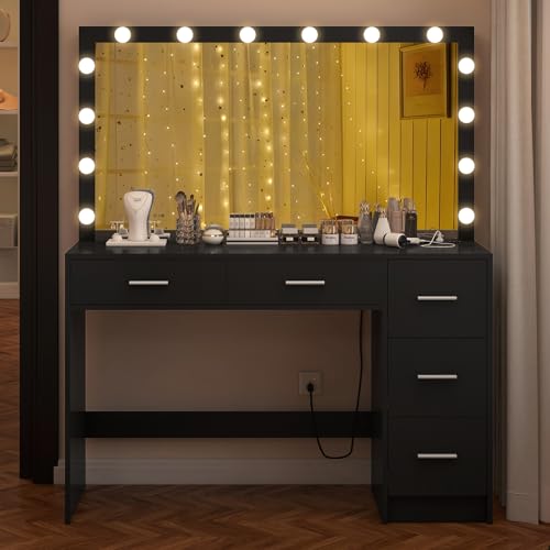 Makeup Vanity Desk with Mirror, 10 Lights, 5 Drawers, 3 Storage Shelves, 3 Color Modes & Adjustable Brightness Dressing Table, 35.4” Desk, Black