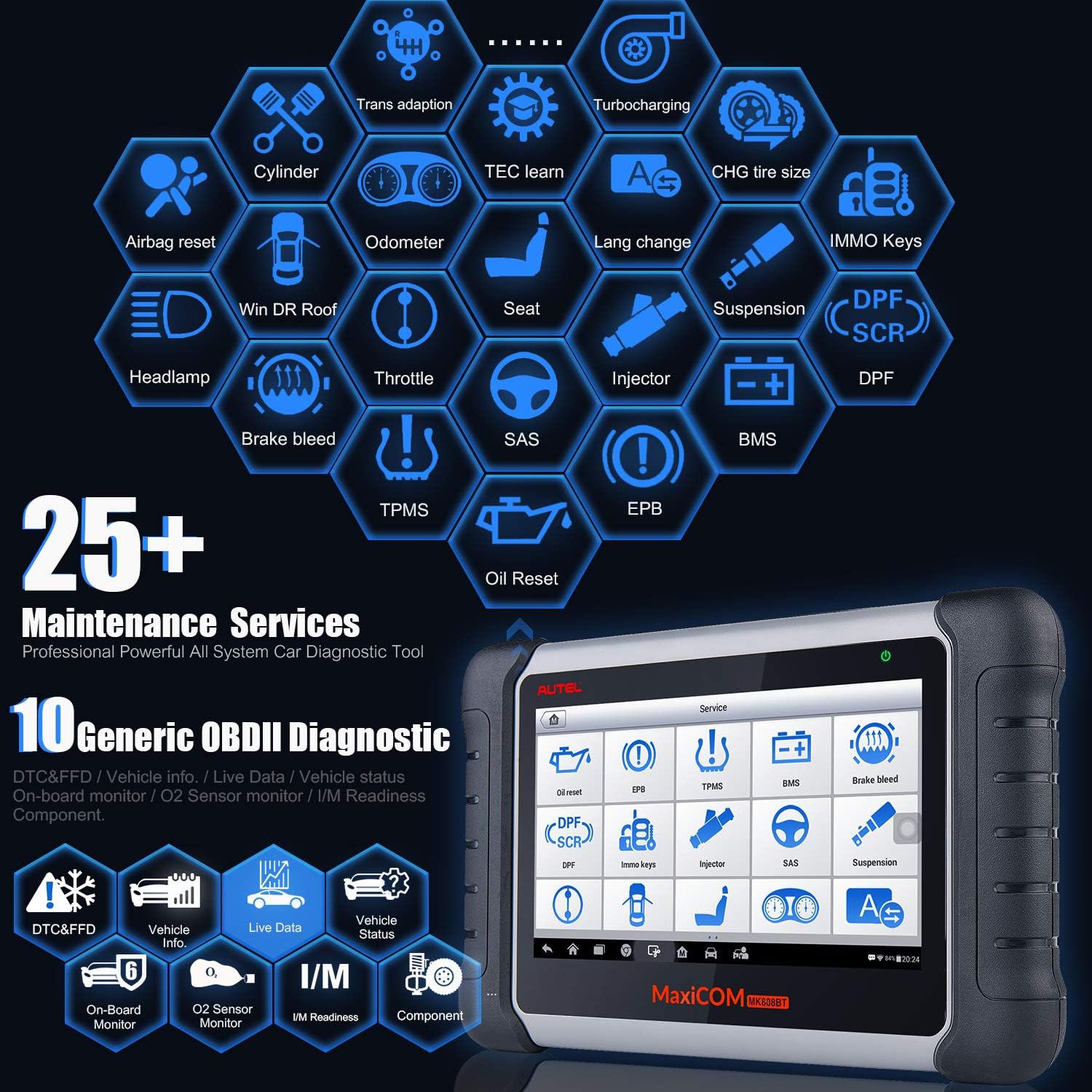 Autel MaxiCOM MK808BT Car Diagnostic Scan Tool, 2022 Newest Upgraded Ver. of MK808, MX808, All Systems Diagnosis & 28+ Services, ABS Bleed, Oil Reset, EPB, SAS, DPF, BMS, Throttle, Injector Coding