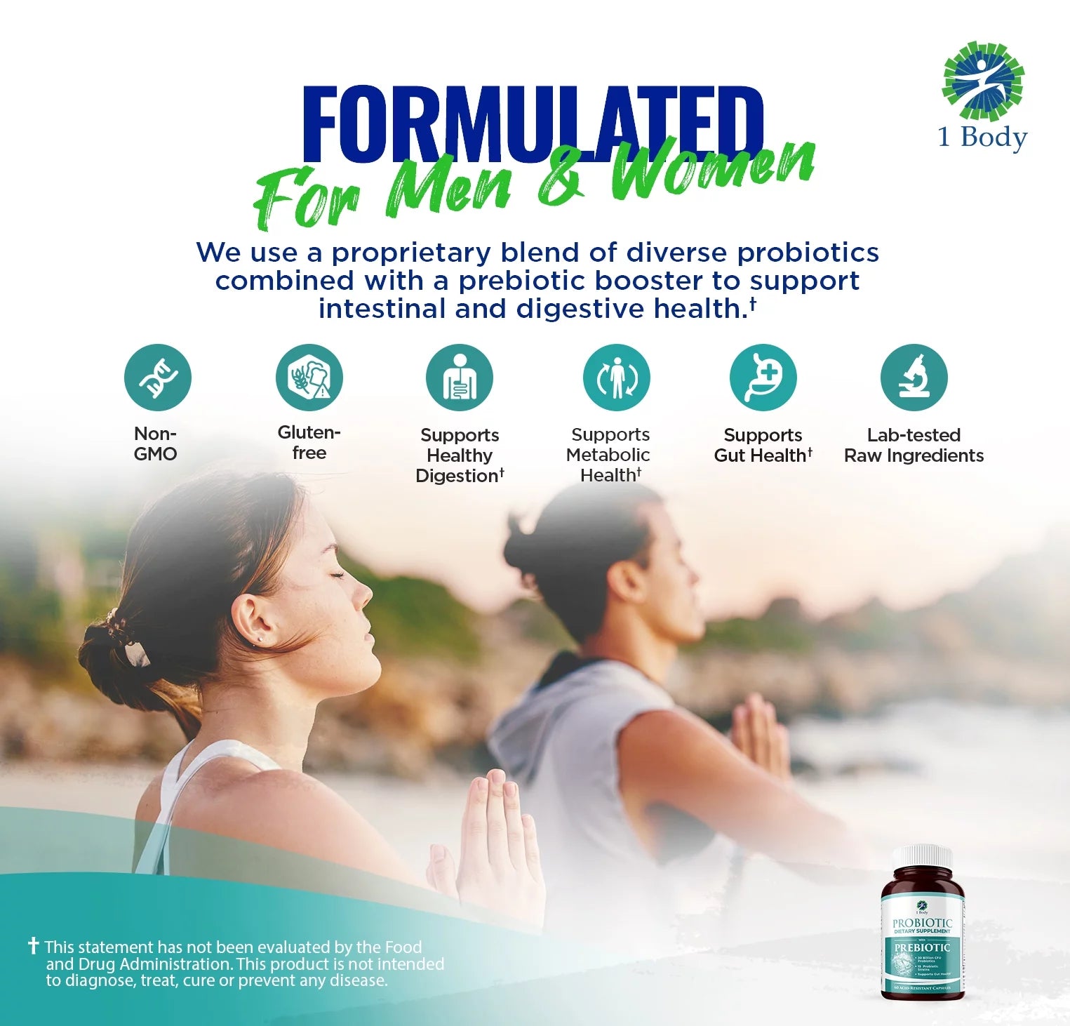 (2 bottles) 1 Body Probiotic 30 Billion CFU Supplement with Prebiotics with 120 Acid Resistant Vegan Capsules to Promote Gut Health & Support Immune System for Men and Women