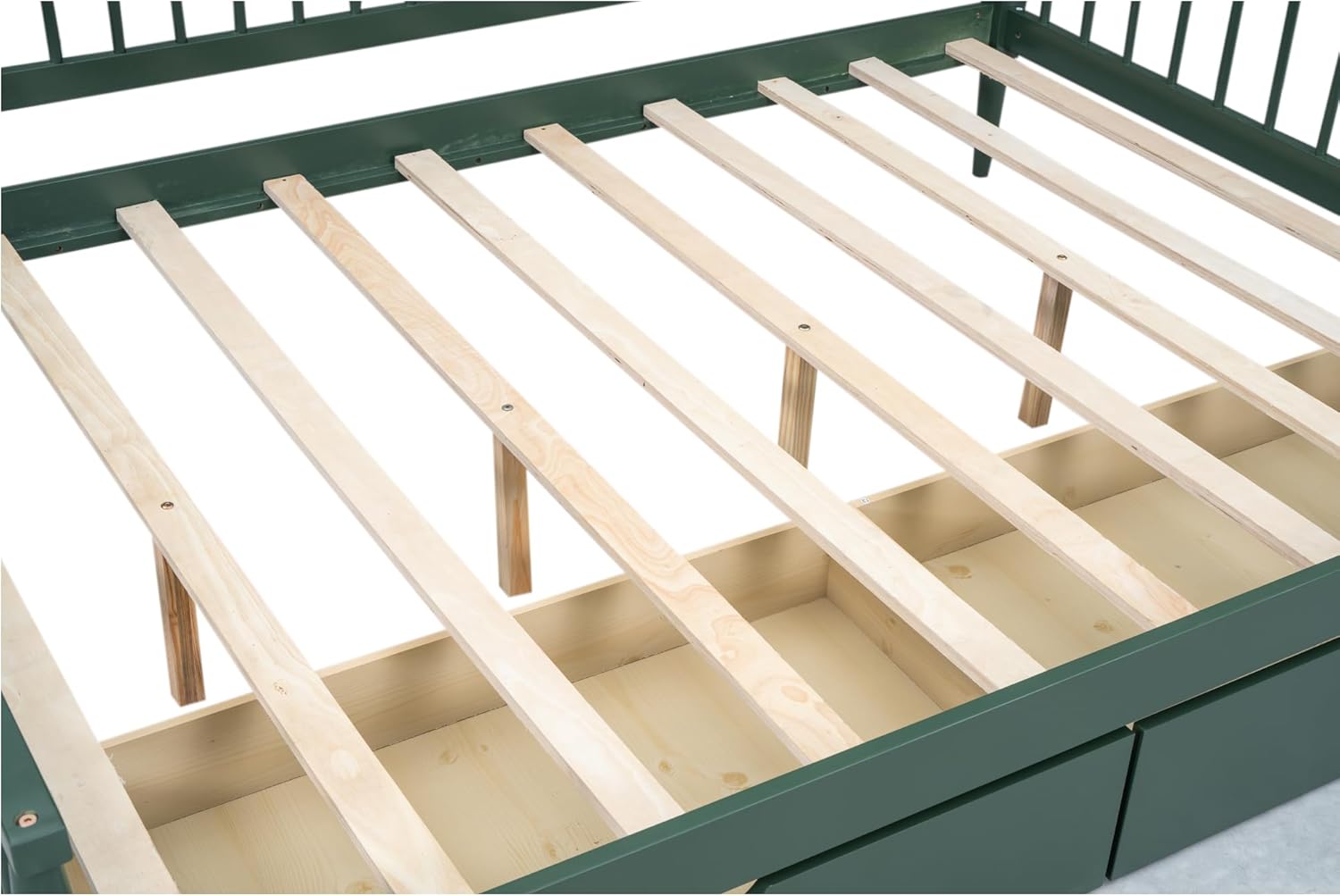 Full Size Wooden Daybed with 2 Storage Drawers and Wood Support Legs, Multi-Functional Full Day Bed wtih Rails on 3 Sides for Bedroom, Living Room and Guestroom, Green