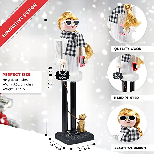 Ornativity Christmas Dog Mom Nutcracker – White and Black Wooden Nutcracker Woman with Dog on Leash and a Smartphone in Hand Xmas Themed Holiday Nut Cracker Doll Figure Decorations 15