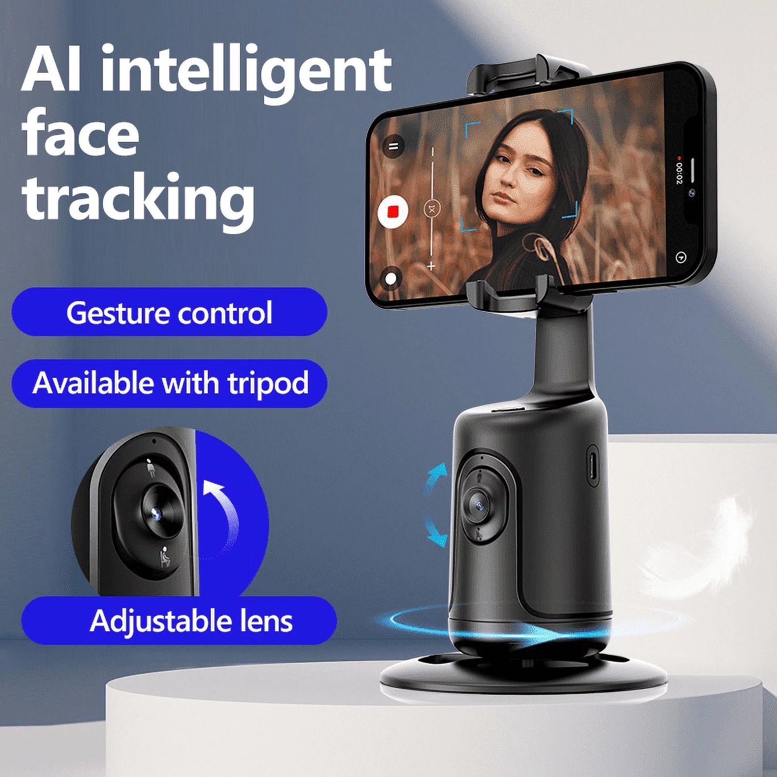 X XBEN Auto Face Tracking Tripod, 360° Rotation Face Body Phone Camera Mount Smart Shooting Phone Tracking Holder for Live Vlog Streaming Video, White