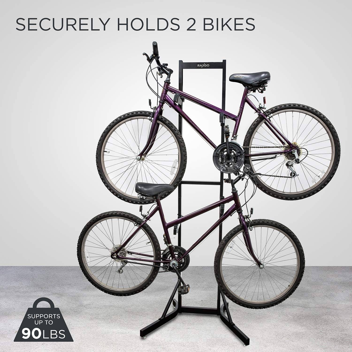 RaxGo Bike Storage Rack, 2 Bicycle Garage Stand, Adjustable, Freestanding, Adjustable Hooks Universal for Indoor Use