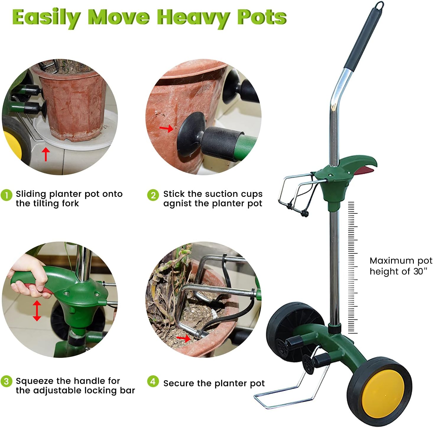 Patio, Lawn AND Garden EJWOX Garden Pot Mover with Adjustable Handle - Heavy Duty Plant Dolly Caddy with Sturdy Flat-Free Wheels and Gripping Suction Cups, Max 165 Lbs Weight Capacity