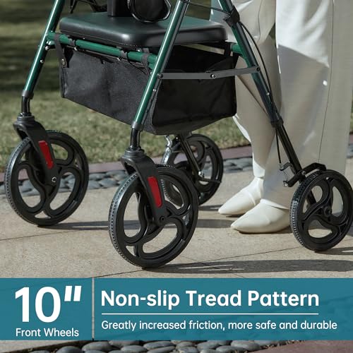 ELENKER Rollator Walker with 10” Wheels, Sponge Padded Seat and Backrest, Fully Adjustment Frame for Seniors, Green