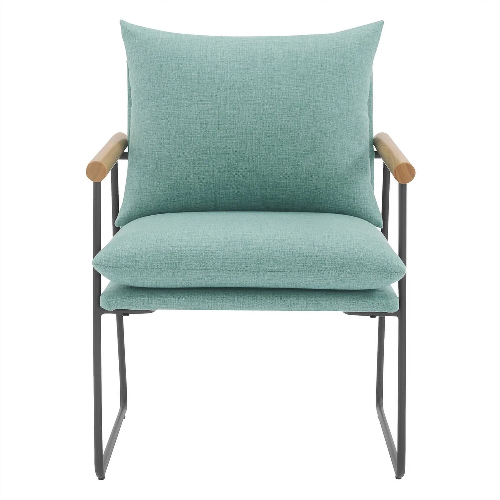Dutton Armchair in Sage Green Fabric with Natural Arms and Black Sled Base