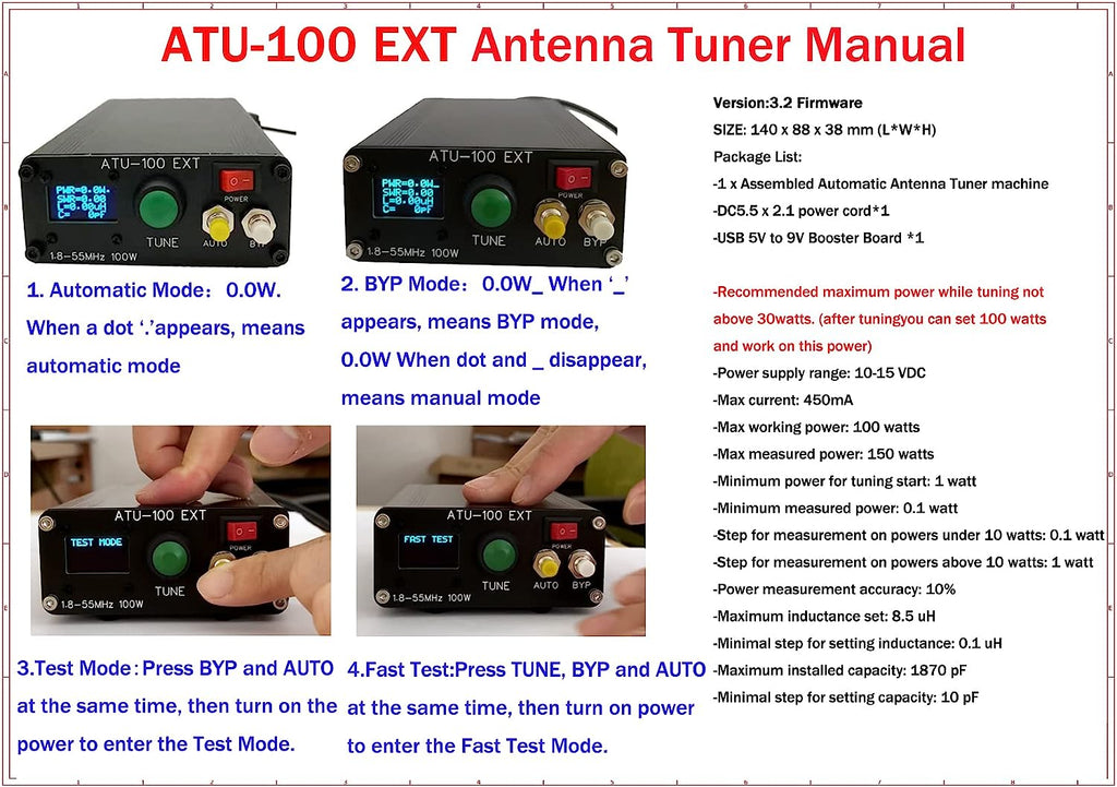 Malahit Antenna Tuner ATU-100 EXT 1.8-50MHz atu100 by N7DDC 7x7 0.96 Inch OLED 3.2 Firmware Programmed with Housing Assembled Machine with USB Cable（No Battery）
