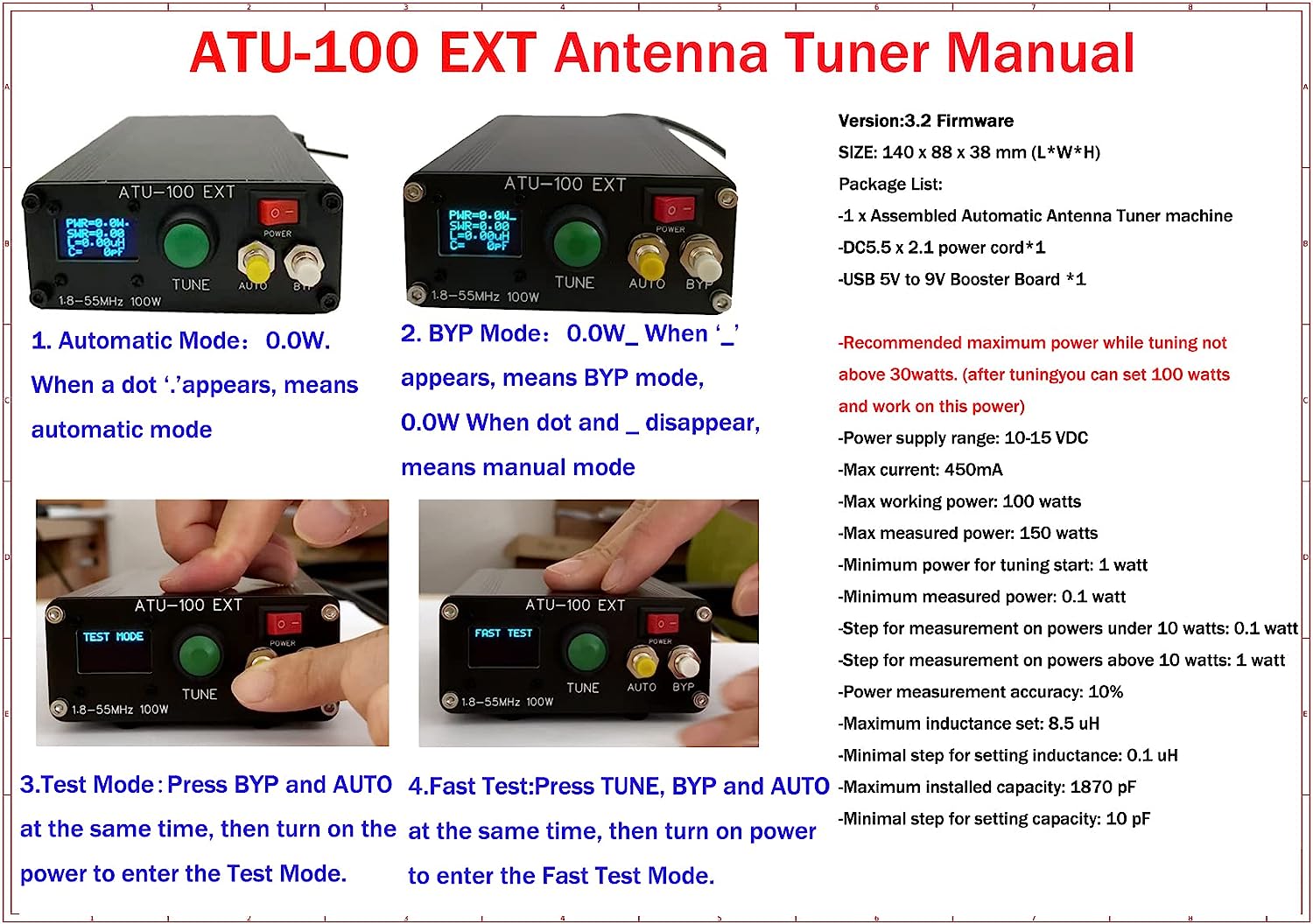 Malahit Antenna Tuner ATU-100 EXT 1.8-50MHz atu100 by N7DDC 7x7 0.96 Inch OLED 3.2 Firmware Programmed with Housing Assembled Machine with USB Cable（No Battery）