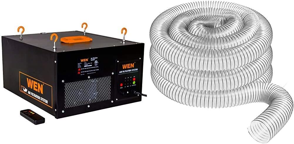 WEN 3410 3-Speed Remote-Controlled Air Filtration System (300/350/400 CFM) & FULTON 4 x 20' Ultra Flex Clear-Vue Heavy Duty PVC Hose - MADE IN USA!