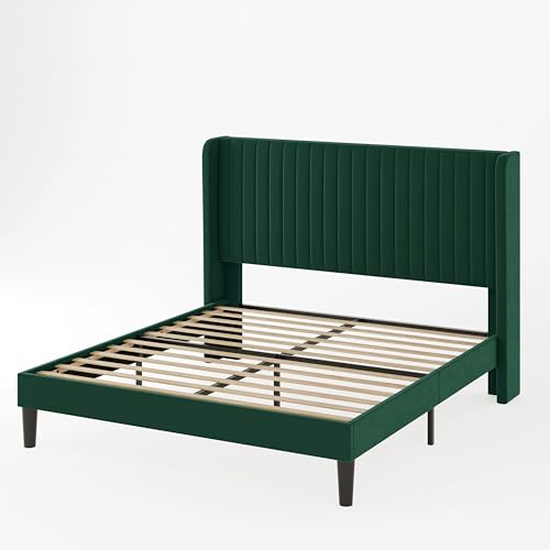 Allewie Queen Size Velvet Bed Frame/Vertical Channel Tufted Wingback Headboard/Upholstered Platform Bed/Strong Wooden Slats/No Box Spring Needed/Easy Assembly/Black