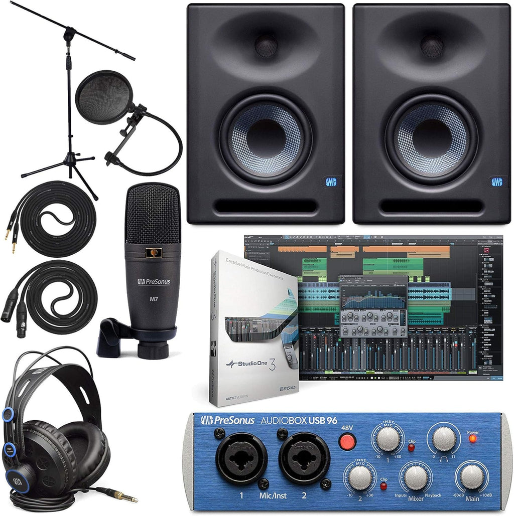 PreSonus AudioBox 96 Audio Interface (May Vary Blue or Black) Full Studio Bundle with Studio One Artist Software Pack with Eris 4.5 BT Pair Studio Bluetooth Monitors and 1/4” Instrument Cable