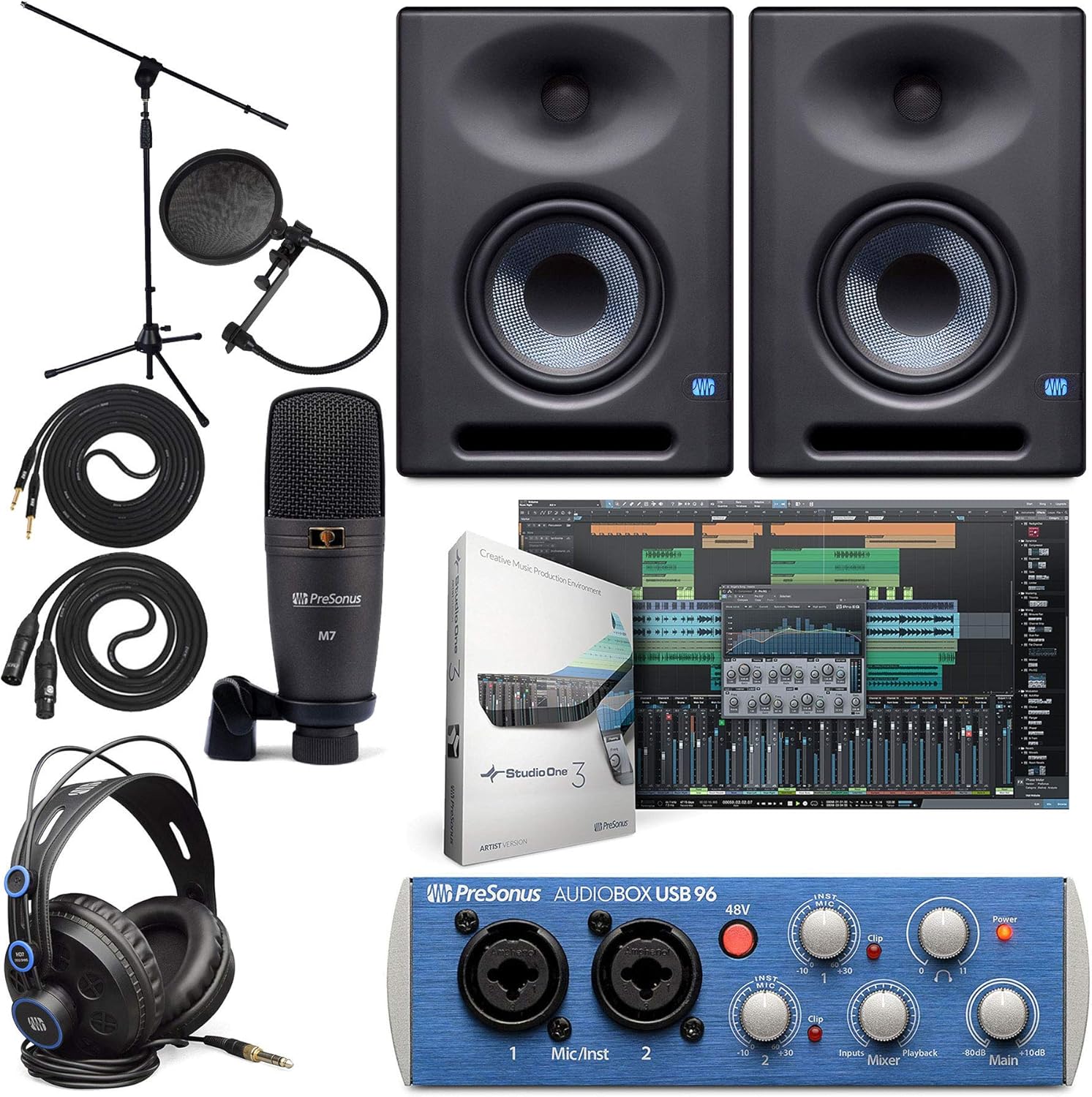 PreSonus AudioBox 96 Audio Interface (May Vary Blue or Black) Full Studio Bundle with Studio One Artist Software Pack with Eris 4.5 BT Pair Studio Bluetooth Monitors and 1/4” Instrument Cable