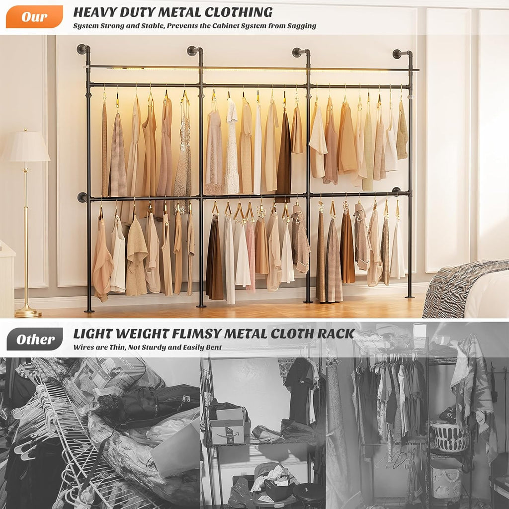 Aheaplus Industrial Pipe Clothing Rack, Reversible 79.7'' Clothes Rack for Hanging Clothes, Heavy Duty Garment Racks Closet Wardrobe with LED Lights& Shelves, Walk-in Closet System, Black