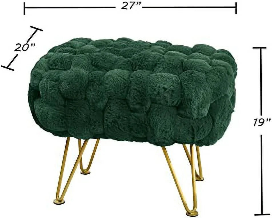Pink Soft Faux  Ottoman Fuzzy Entryway Bench Seat 27x20x19 Sturdy Accent Coffee Table for Living Room Make up Vanity Fluffy Shoe Stool with Golden Legs for Bedroom Closet F